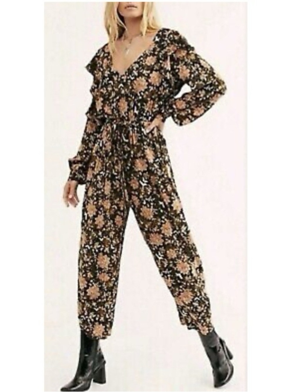 FREE PEOPLE Lux Floral Floral Ruffle Drawstring Waist Jumpsuit Women’s - Medium